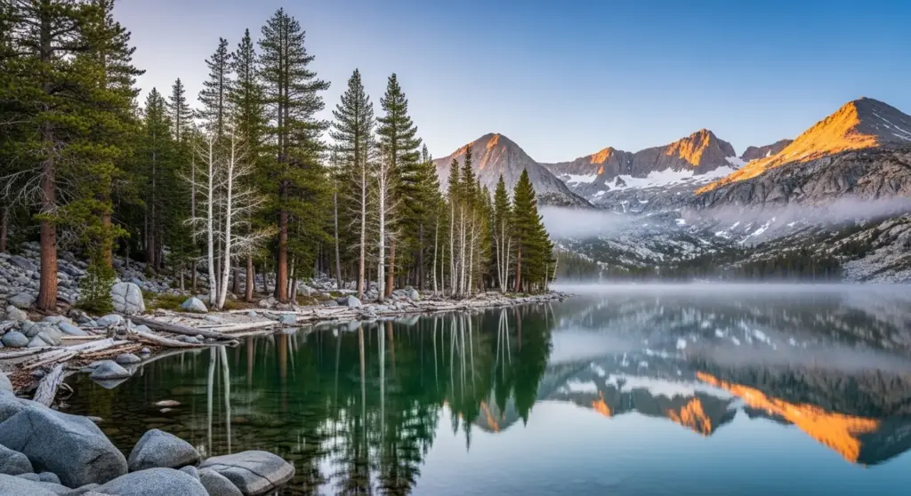 Alpine lake near Ebbetts Pass in Alpine County California with shoreline pines and mountain reflections
