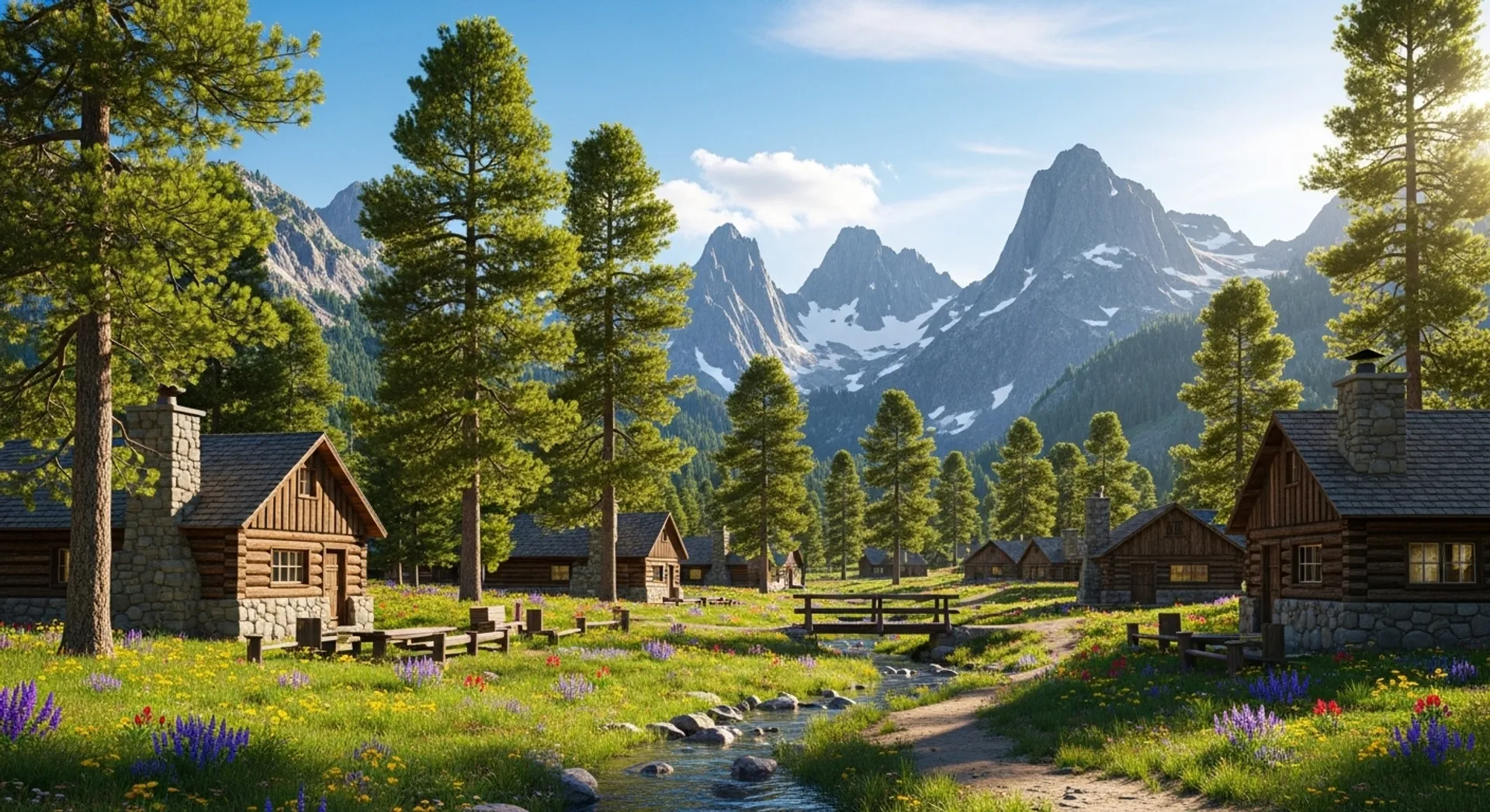 Bear Valley in Alpine County California with mountain village setting, pine trees, and summer scenery