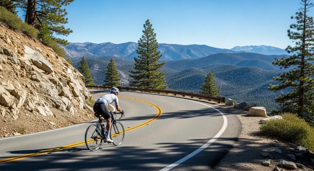 Cyclist climbing a mountain road in Alpine County California during a high-elevation endurance ride