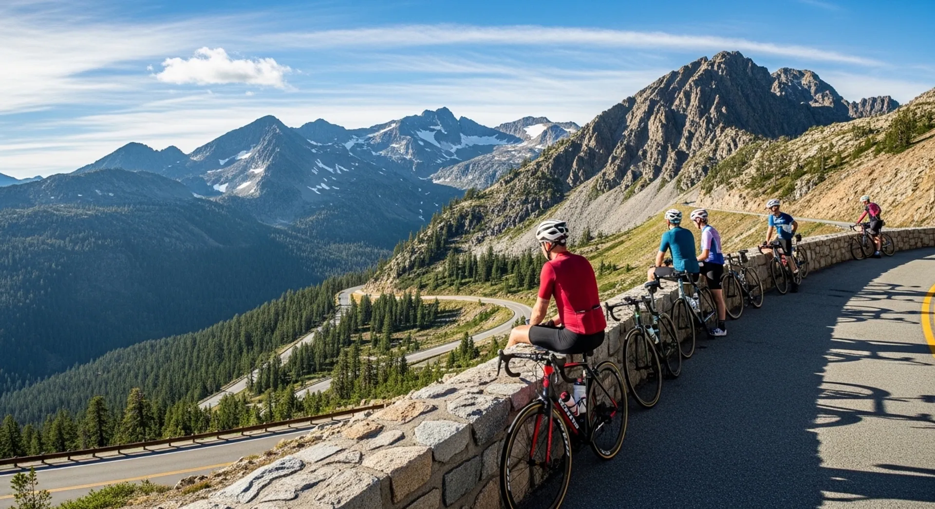 Cyclists riding a scenic mountain pass in Alpine County California with alpine road and Sierra views