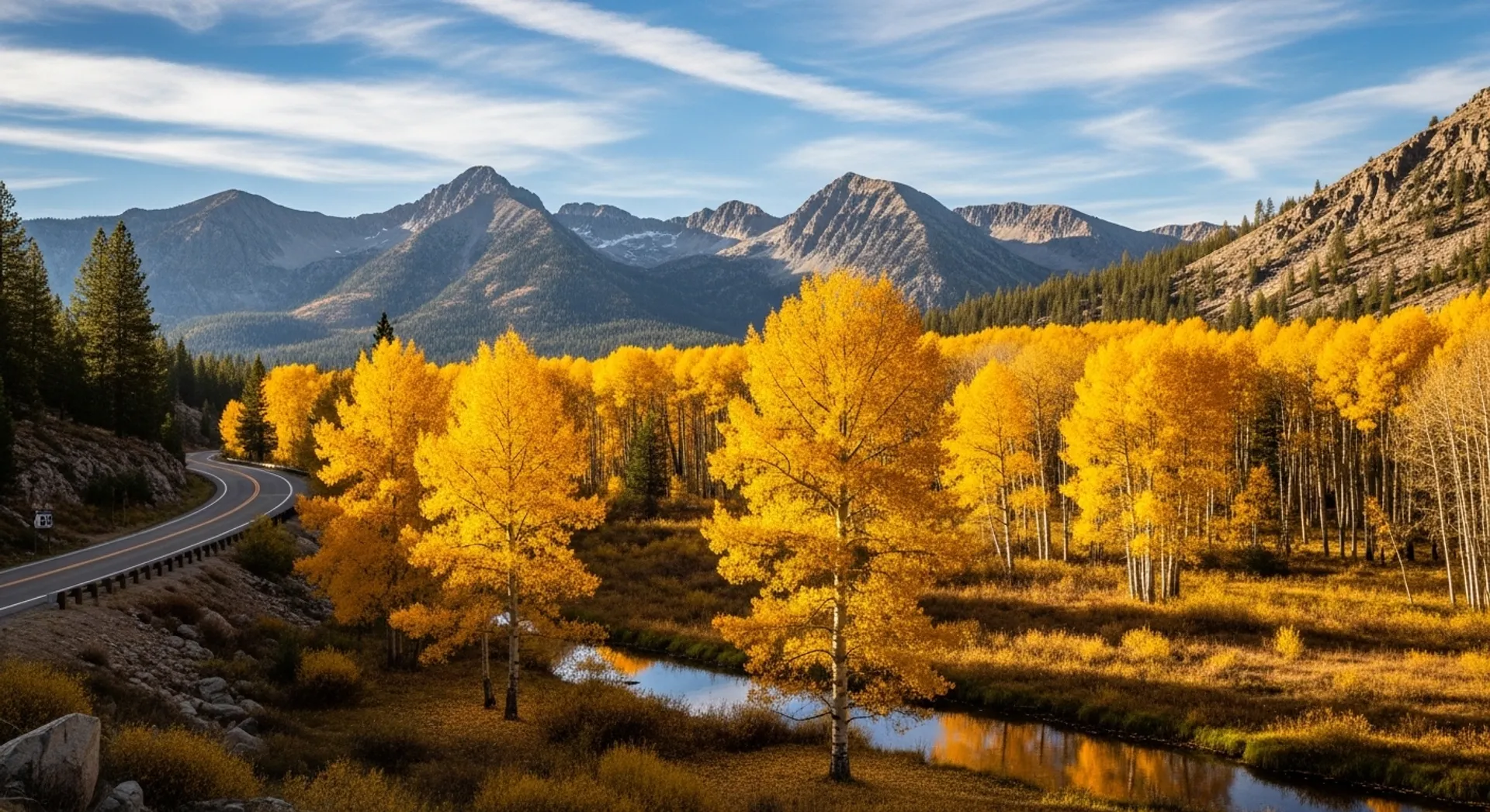Fall colors in Hope Valley Alpine County California with golden aspens and mountain landscape