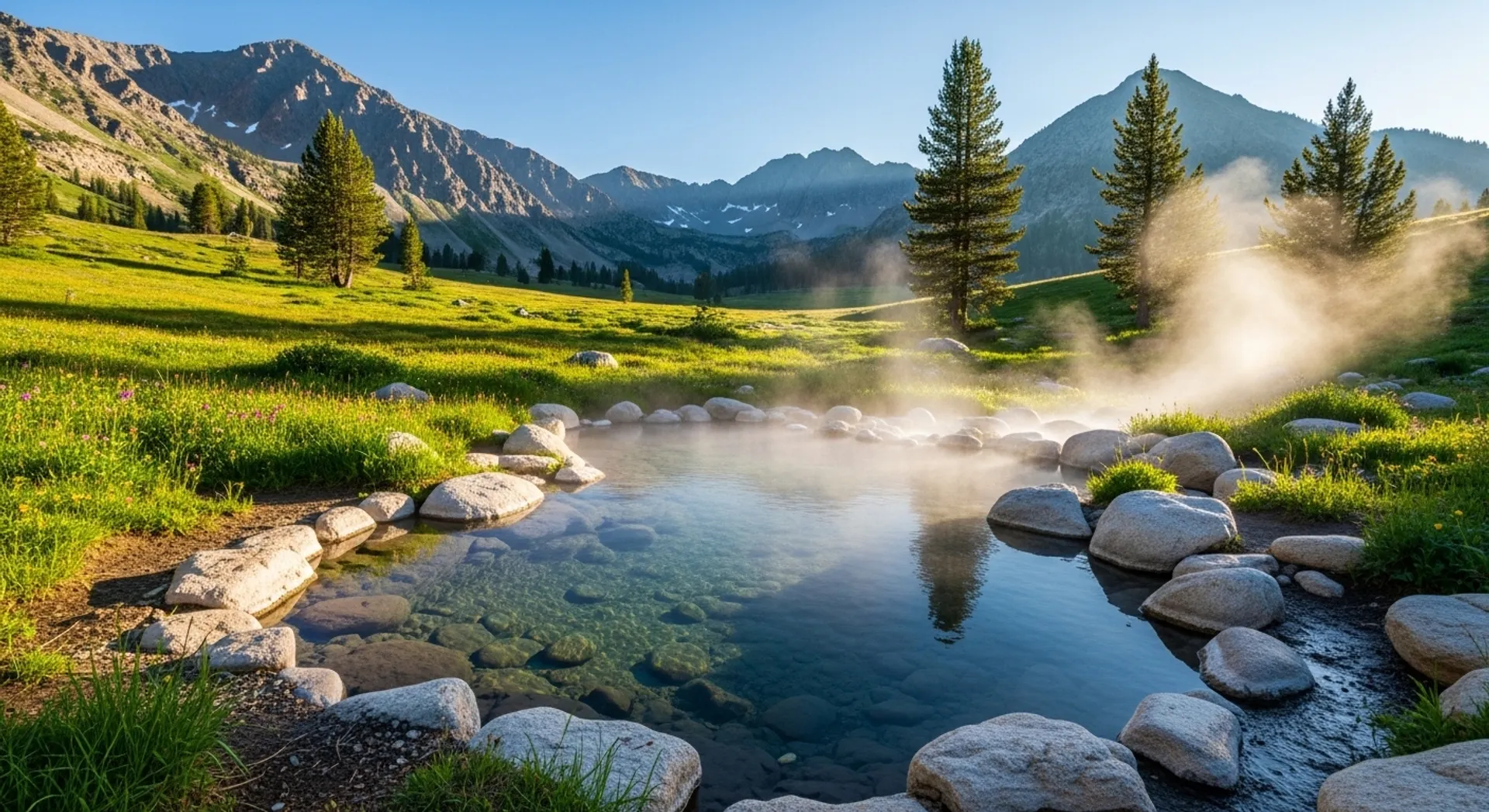 Grover Hot Springs State Park in Alpine County California with mineral pool area and alpine meadow setting