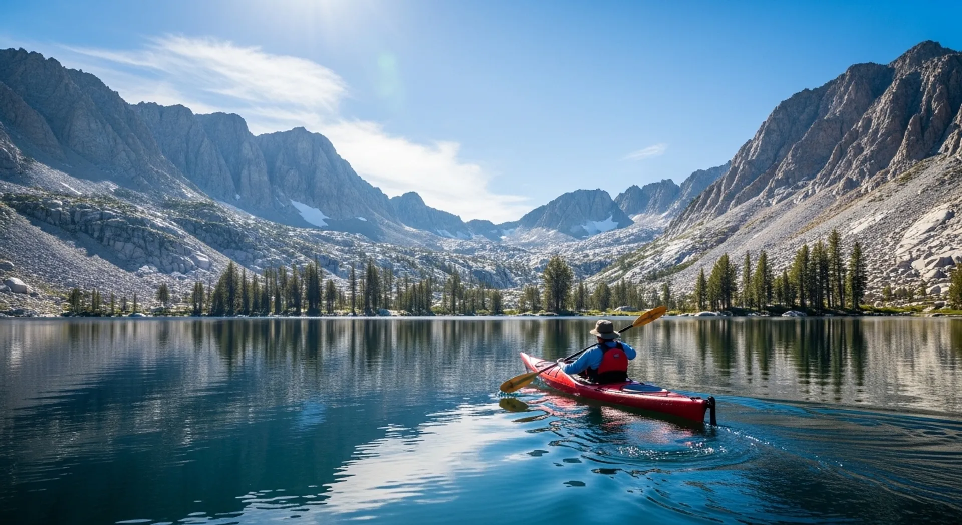 Kayaking on Lake Alpine in Alpine County California during summer with forest and mountain views