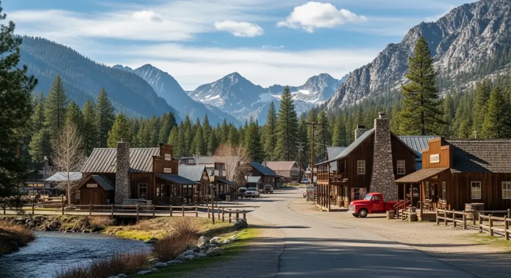 Markleeville in Alpine County California with mountain town scenery, trees, and Sierra backdrop