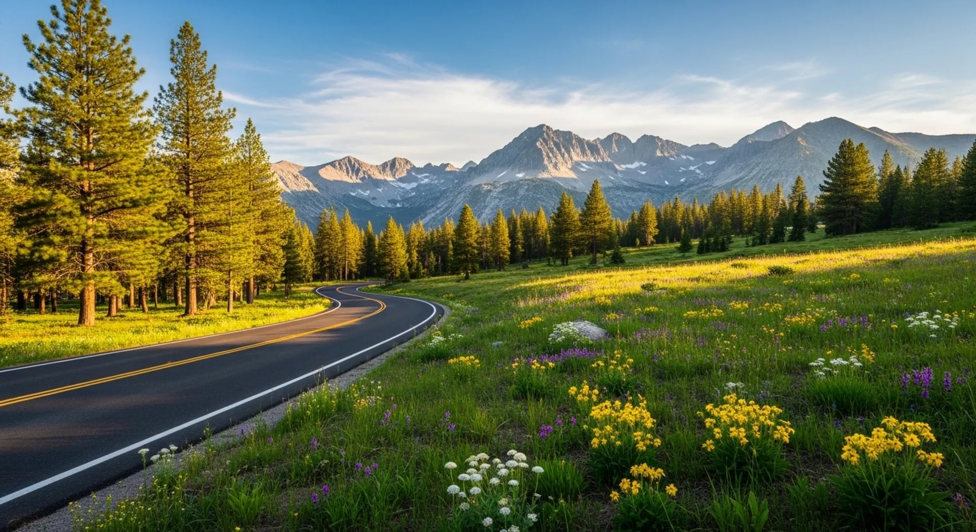Scenic mountain road in Alpine County California with tall pines, open meadow, and granite peaks in the distance