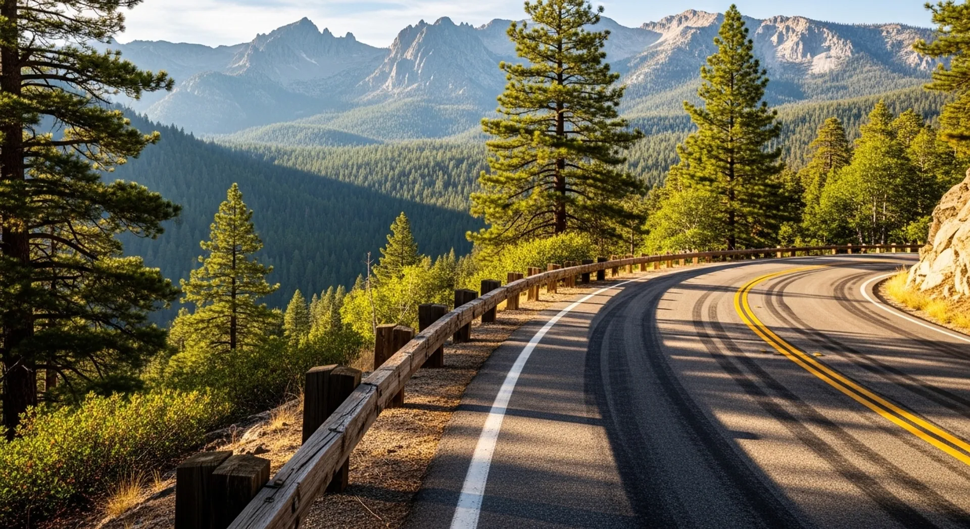 Scenic mountain road on Ebbetts Pass in Alpine County California with pines and Sierra views