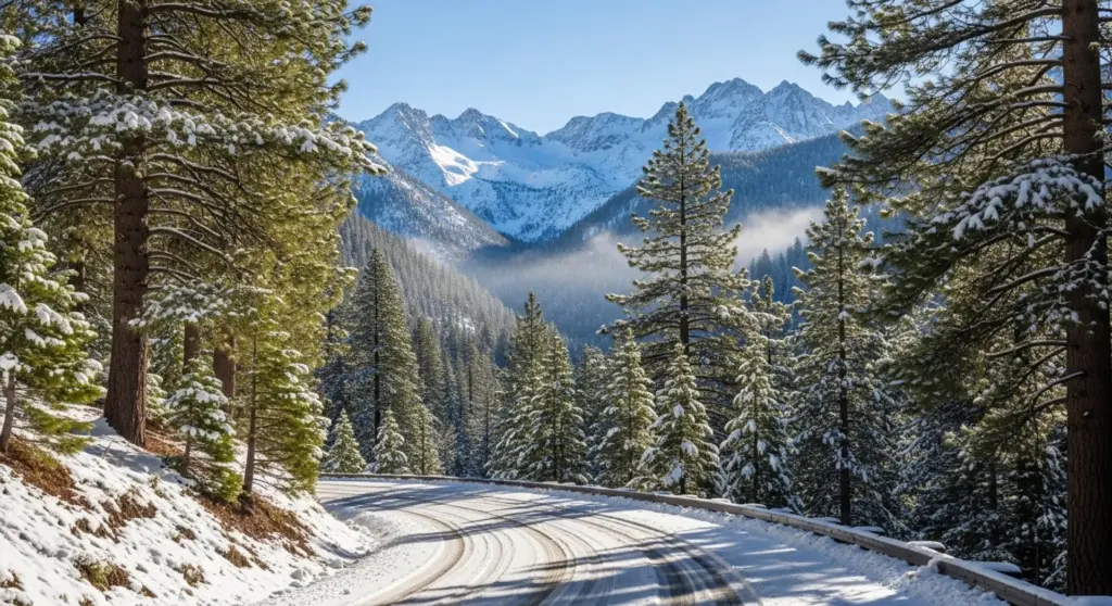 Snow-covered mountain road in Alpine County California with pine trees and winter Sierra scenery