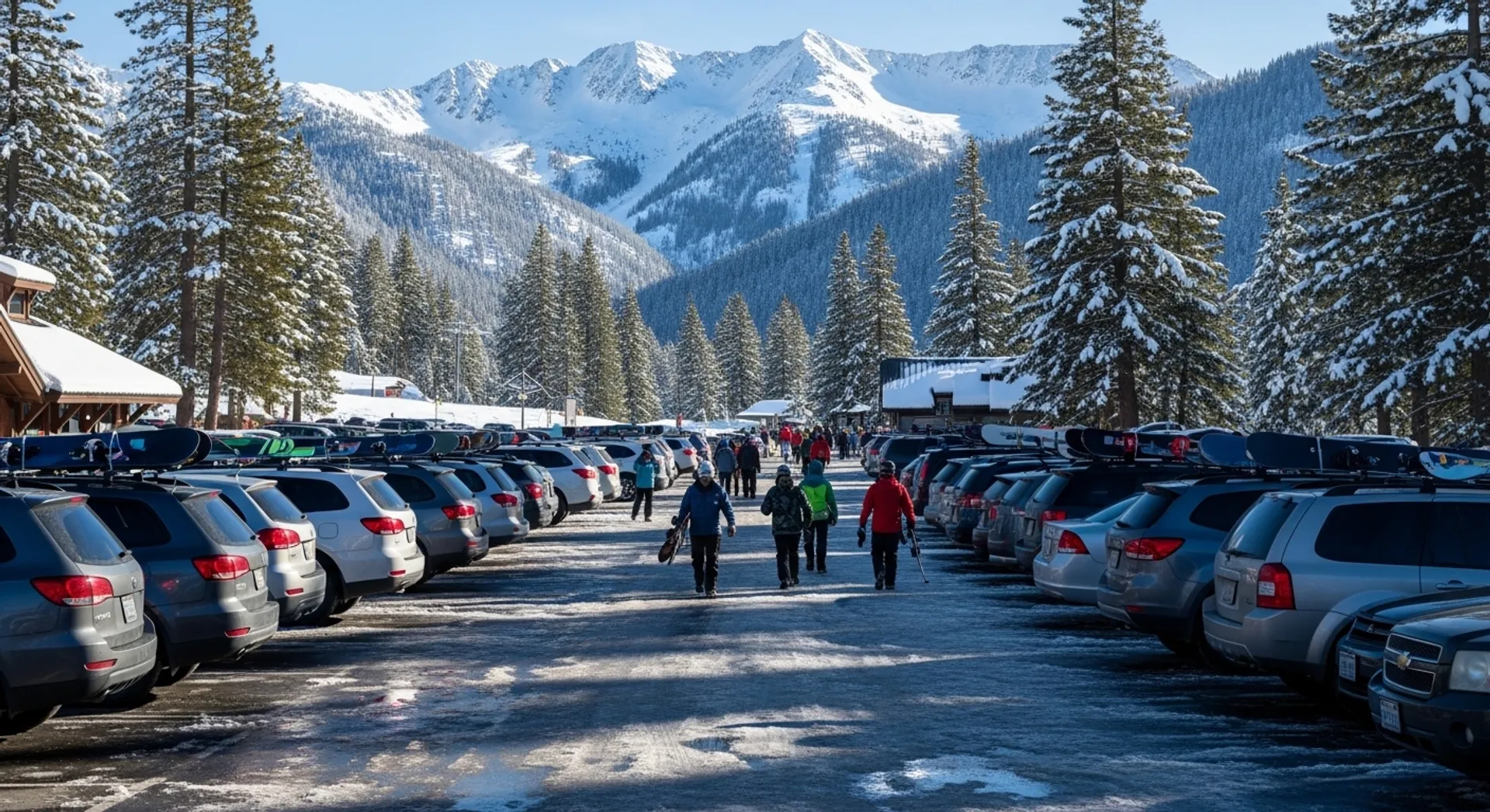 Winter parking area at a Sno-Park in Alpine County California with snowy landscape and mountain backdrop