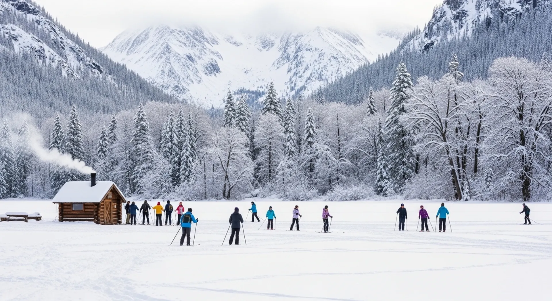 Winter recreation area in Hope Valley Alpine County California with snowy meadow and mountain backdrop