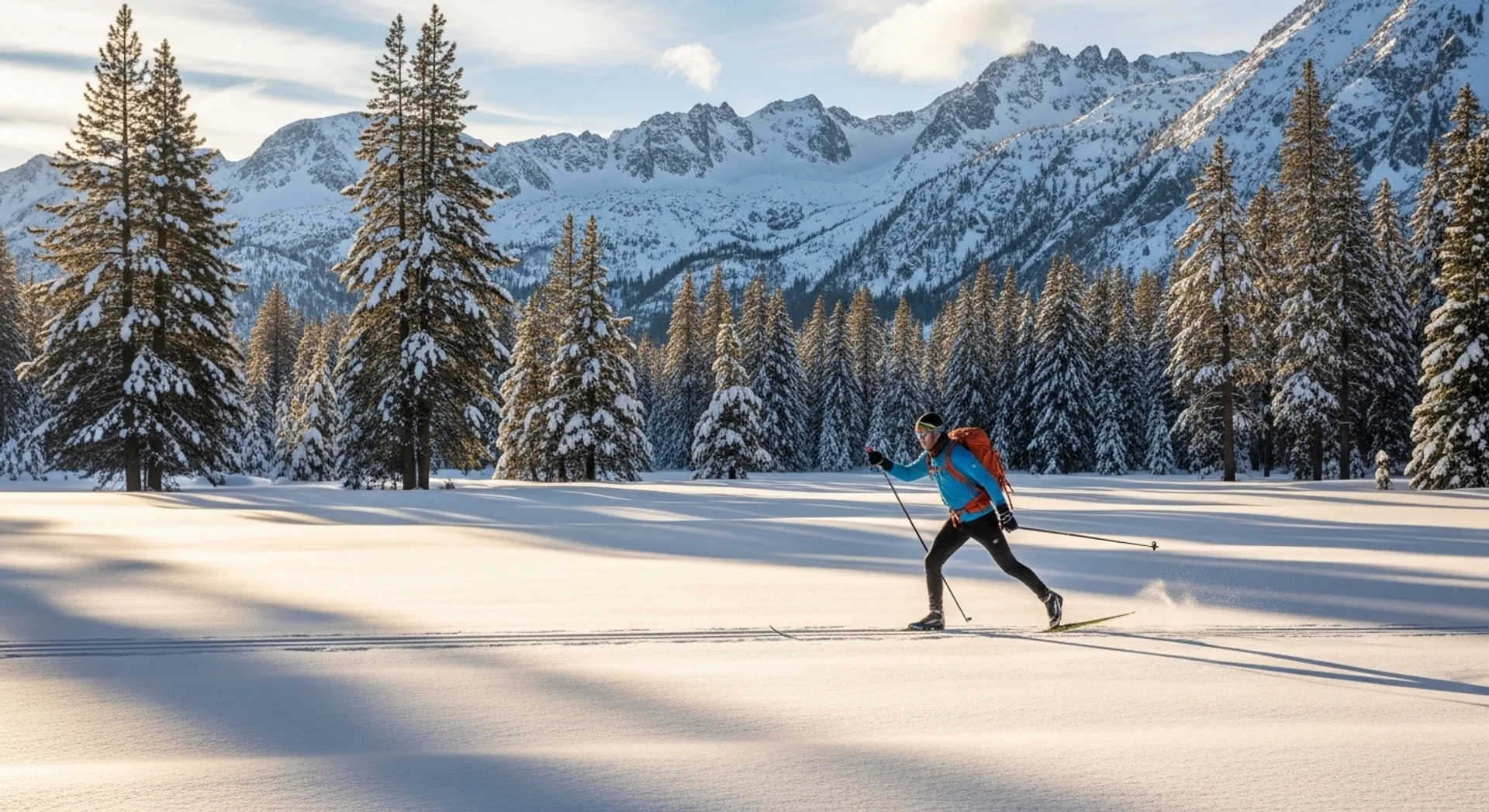 Winter recreation in Alpine County California with snowy meadow, cross-country ski setting, and mountain views