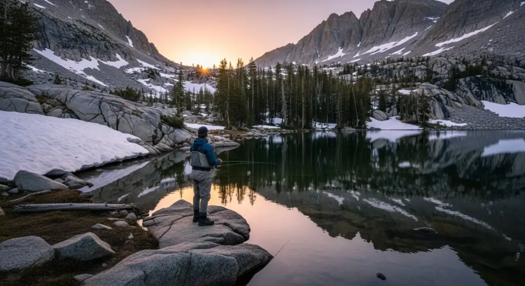 Angler at an alpine lake in Alpine County during early spring fishing season