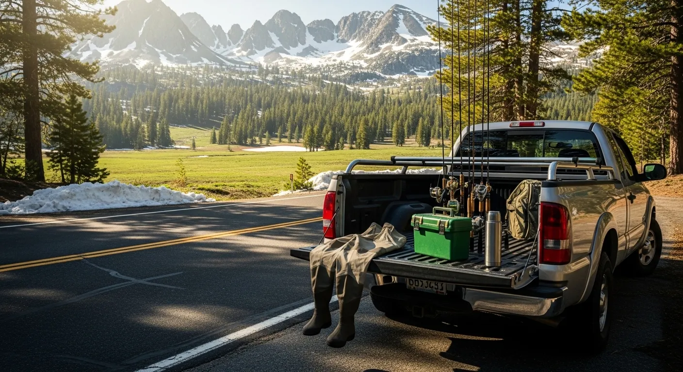 Fishing gear packed for an Alpine County spring trout trip