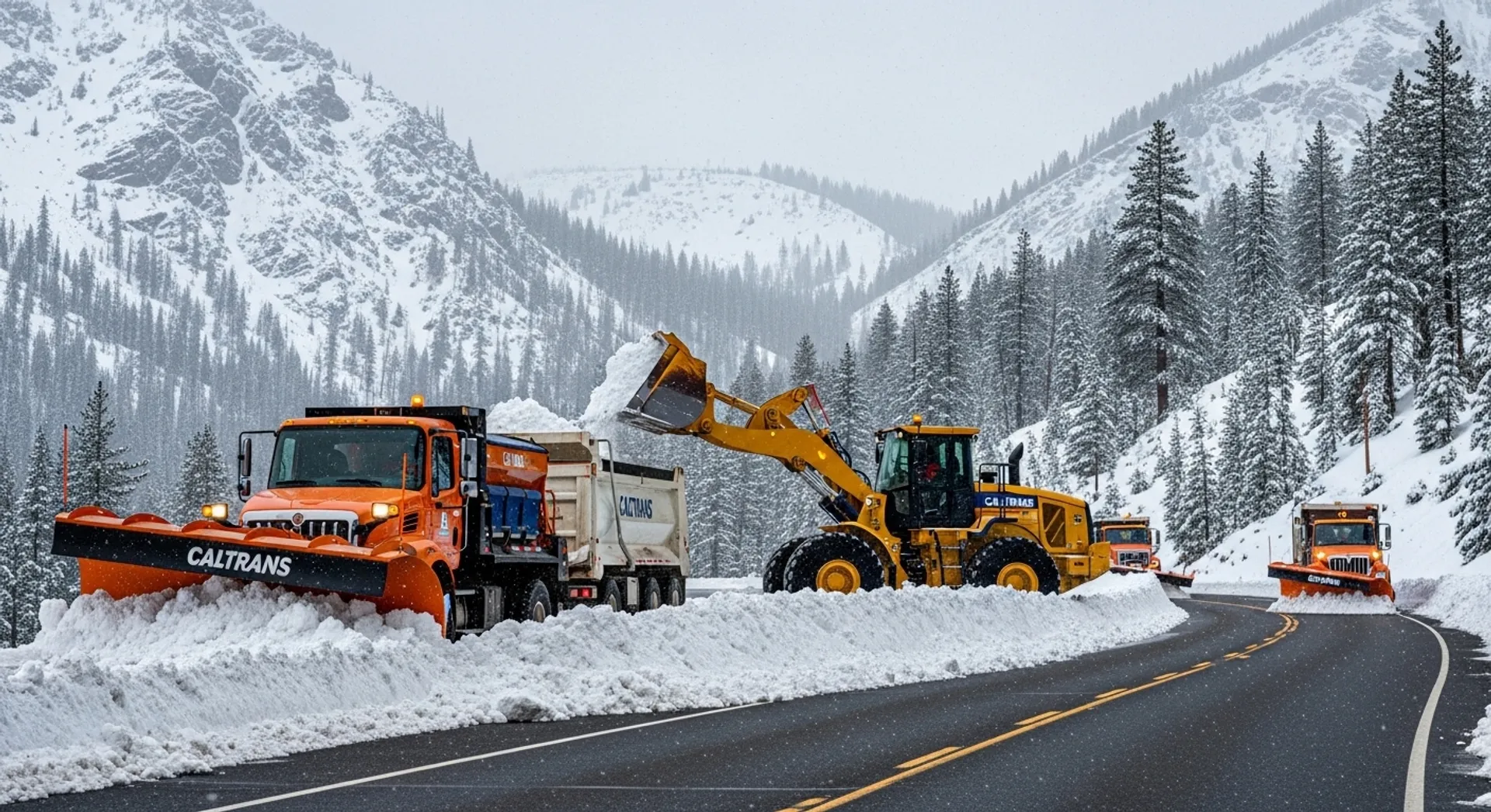 snow clearing operations on Ebbetts Pass in spring