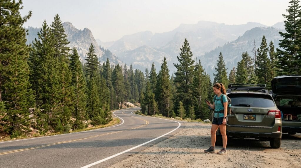 Alpine County wildfire smoke travel planning with mountain road and air quality check