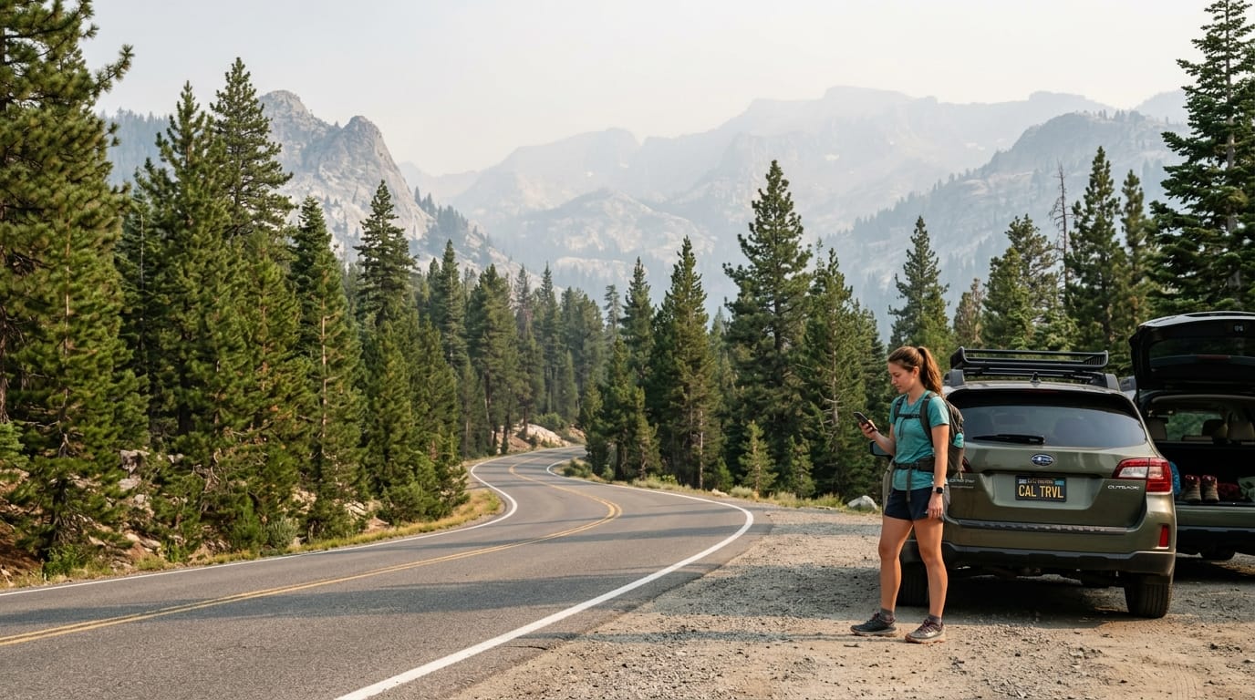 Alpine County wildfire smoke travel planning with mountain road and air quality check