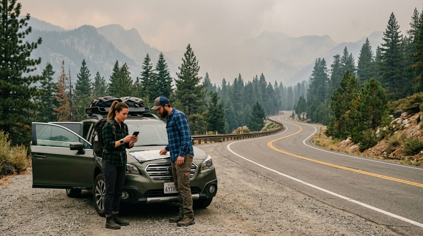 Travelers checking smoke and road conditions before an Alpine County trip