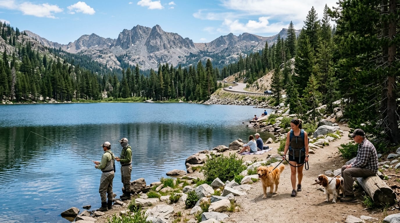 Visitors practicing respectful recreation near an Alpine County lake