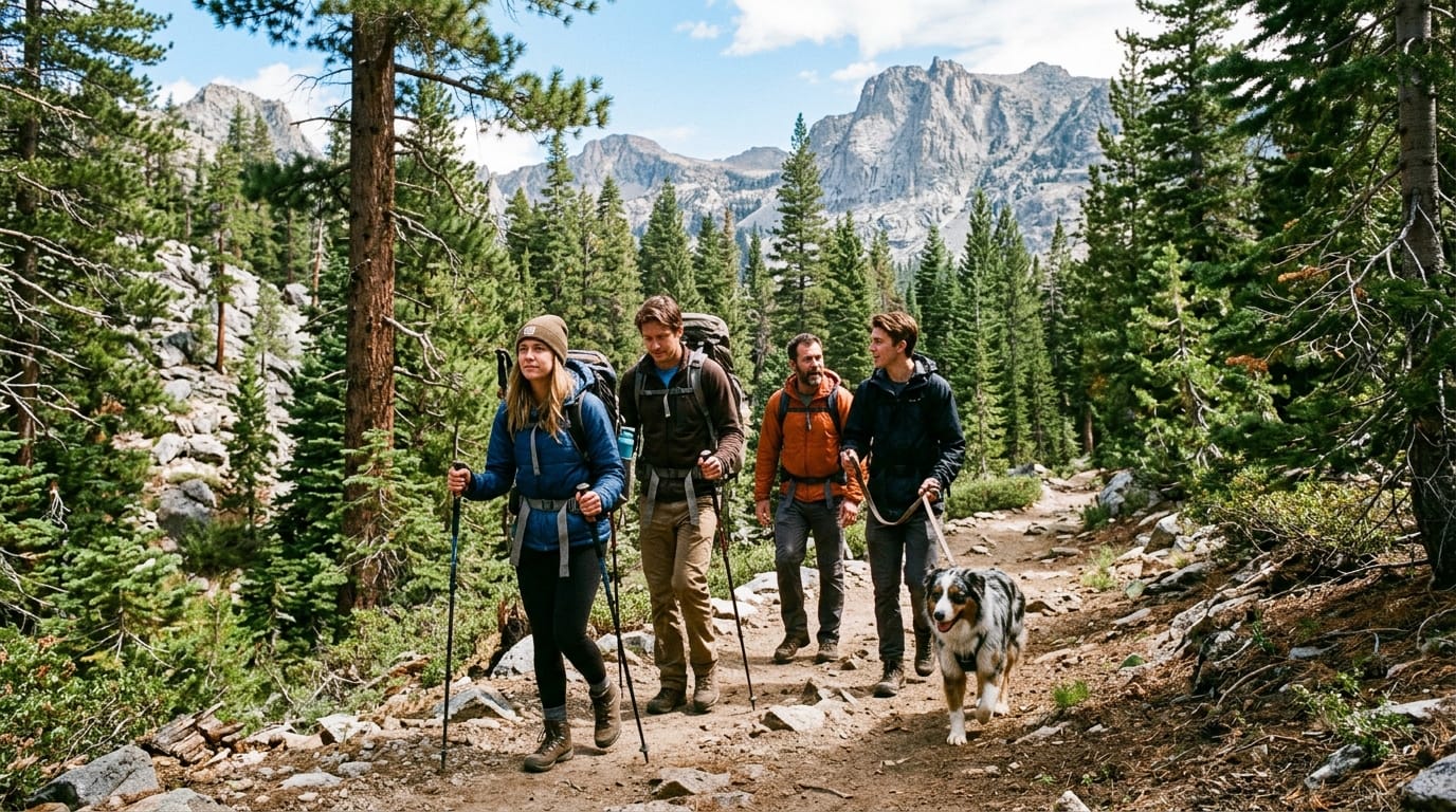 Hikers with a leashed dog practicing mountain lion safety in Alpine County