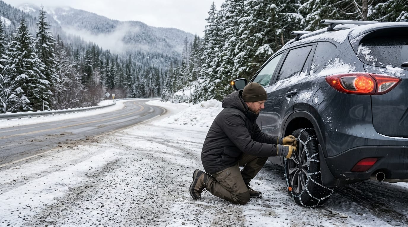 Driver preparing snow chains for safer winter travel through Alpine County mountain roads