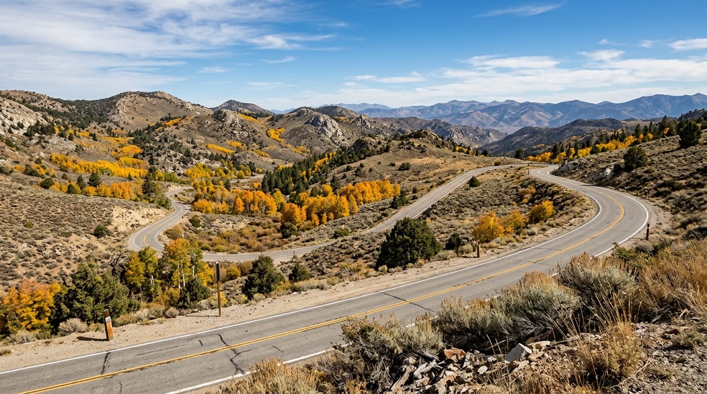 Monitor Pass scenic highway in Alpine County showing mountain terrain and changing autumn weather